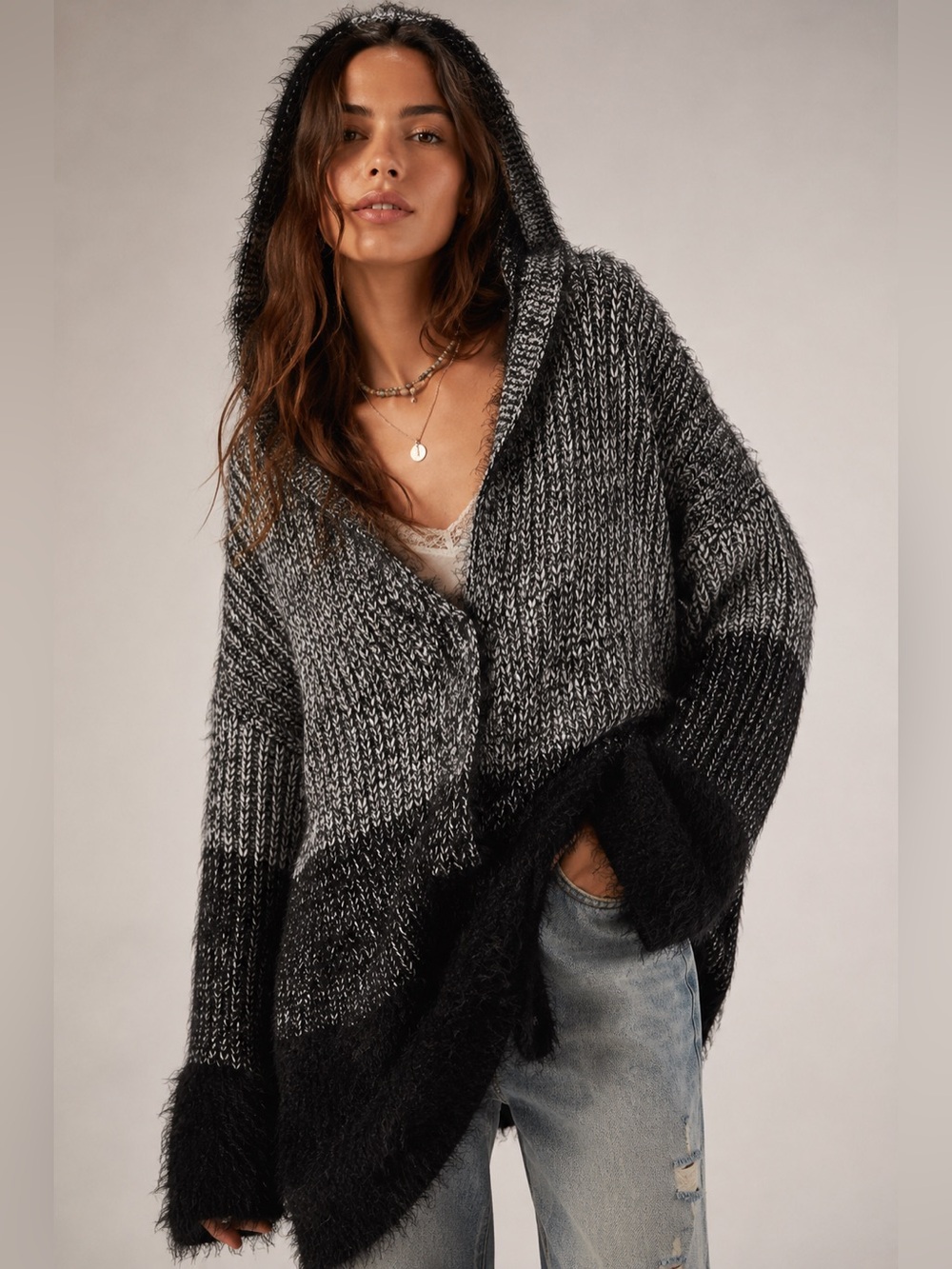 POL Oversized Hooded Eyelash Knit Sweater Black Gray Marled Cozy Boho Small
